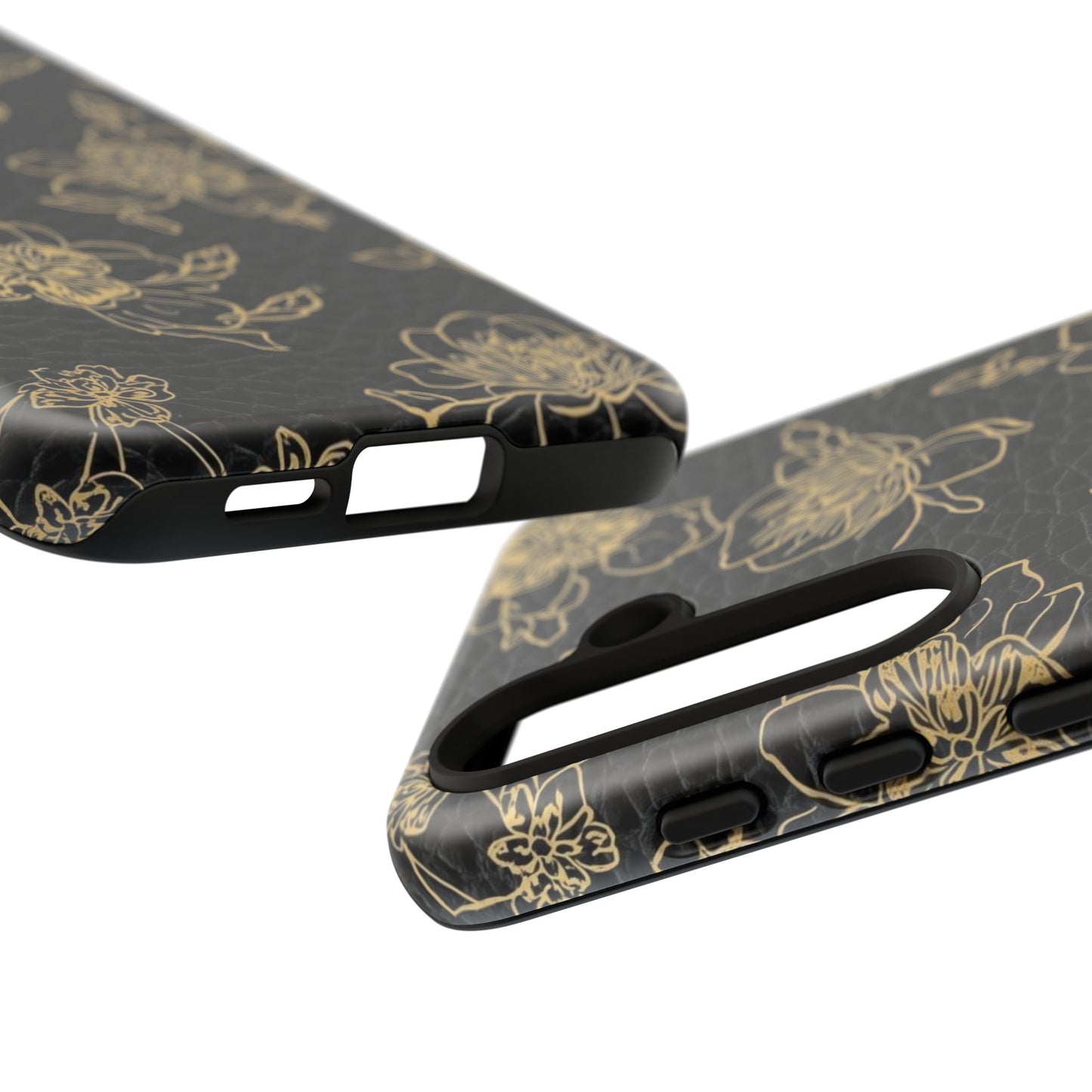 Floral Leather Phone Case — Gold Outline Flowers on Black Tough Case