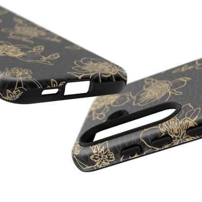 Floral Leather Phone Case — Gold Outline Flowers on Black Tough Case