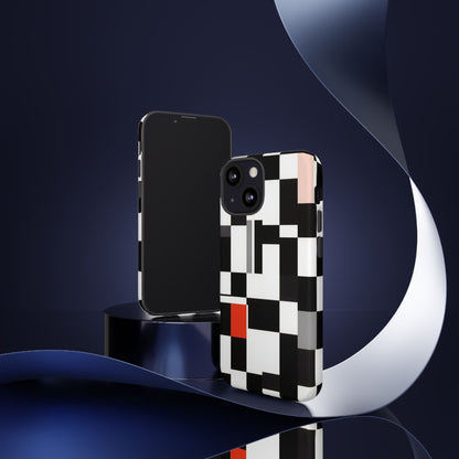 Abstract Geometric Phone Case – Black & White Checker Grid with Red Accent