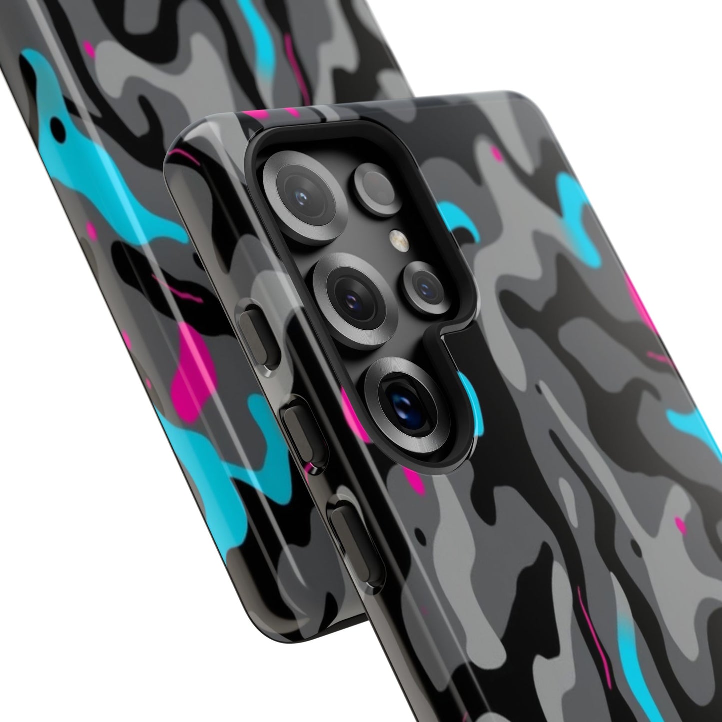 Camouflage Phone Case — Gray Camo with Neon Pink & Cyan Accent Tough Protective Cover