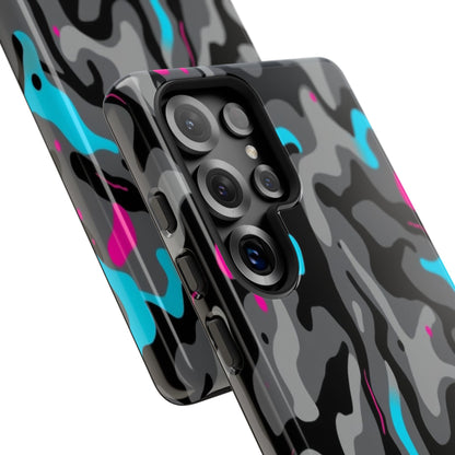 Camouflage Phone Case — Gray Camo with Neon Pink & Cyan Accent Tough Protective Cover
