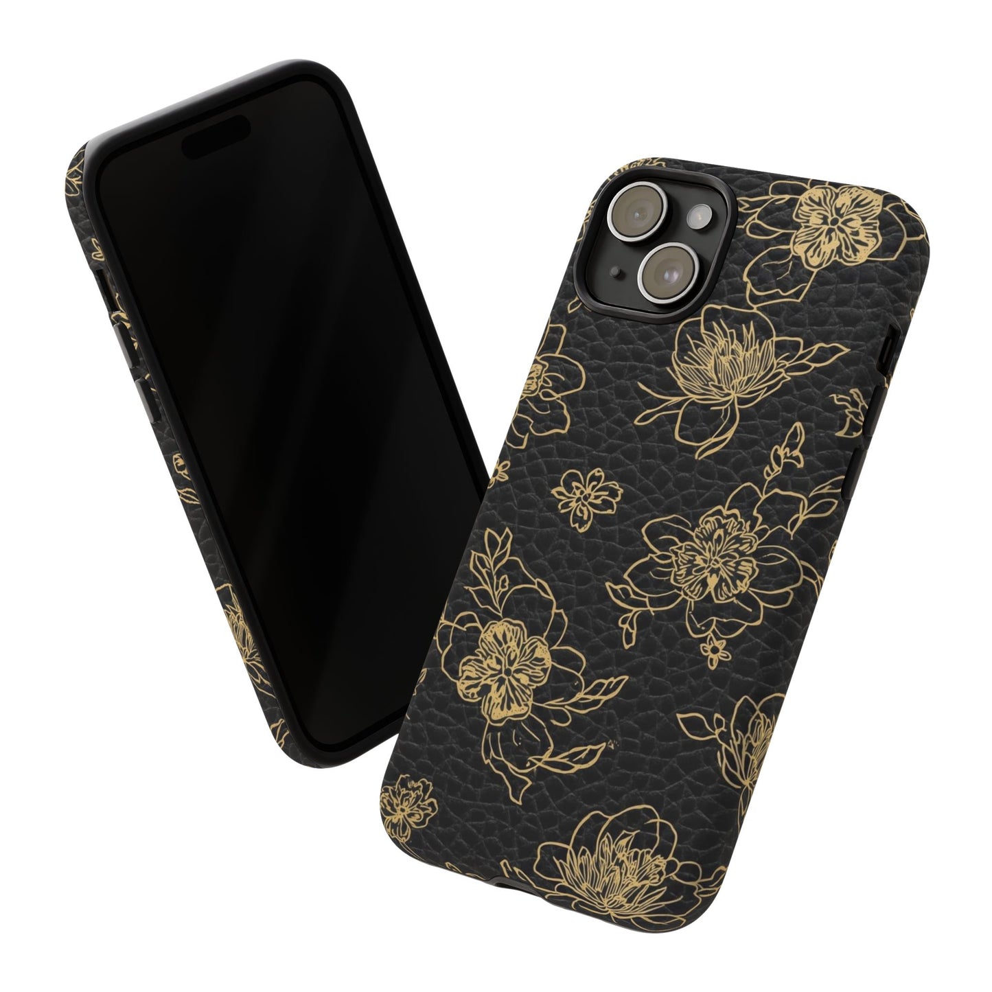 Floral Leather Phone Case — Gold Outline Flowers on Black Tough Case