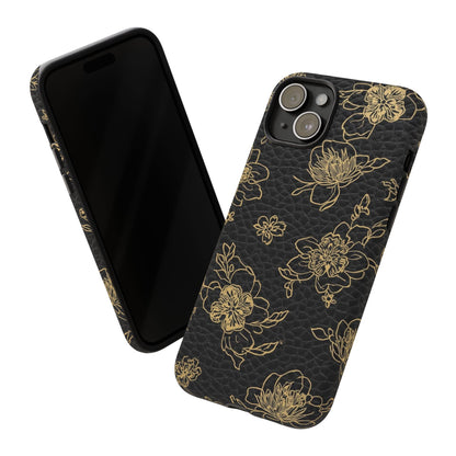 Floral Leather Phone Case — Gold Outline Flowers on Black Tough Case