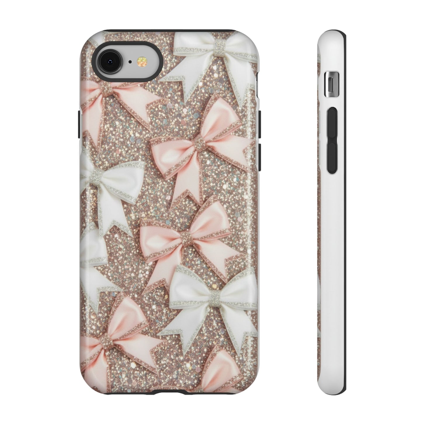 Glitter Bow Tough Phone Case — Pink & White Ribbon Protective Cover