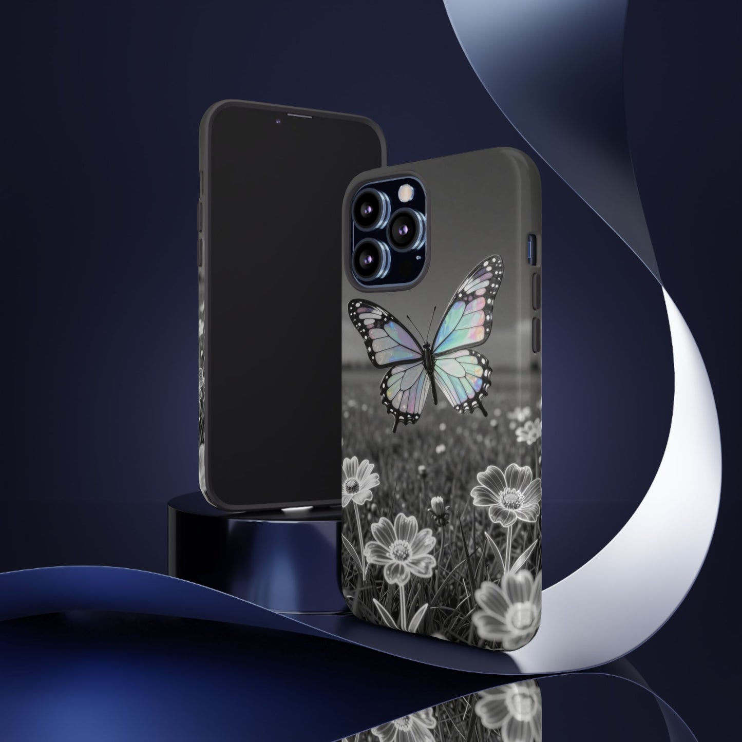 Butterfly Field Tough Phone Case — Pastel Holographic Butterfly on Black & White Floral Background