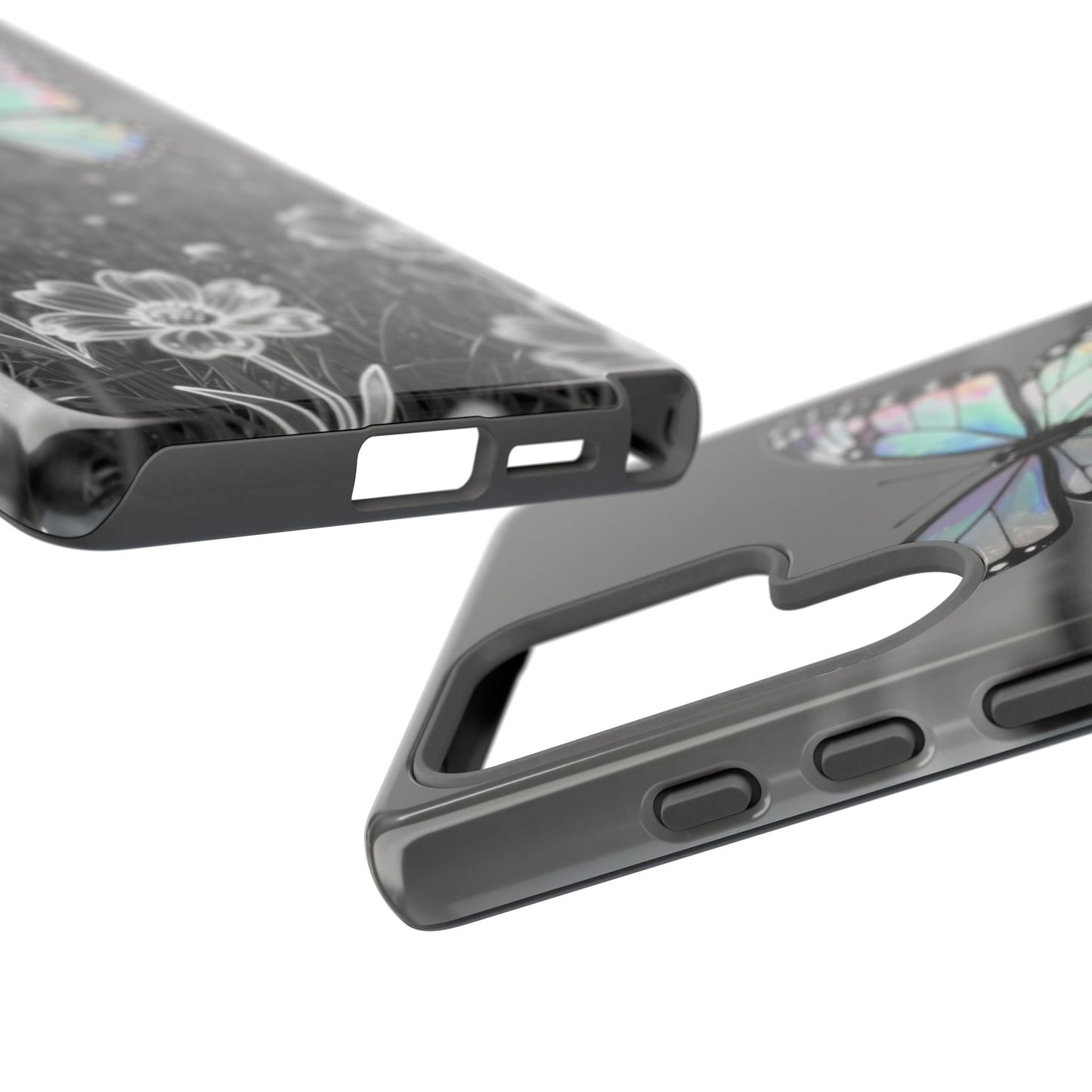 Butterfly Field Tough Phone Case — Pastel Holographic Butterfly on Black & White Floral Background