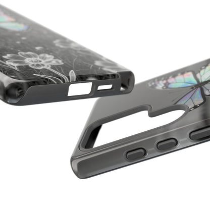 Butterfly Field Tough Phone Case — Pastel Holographic Butterfly on Black & White Floral Background