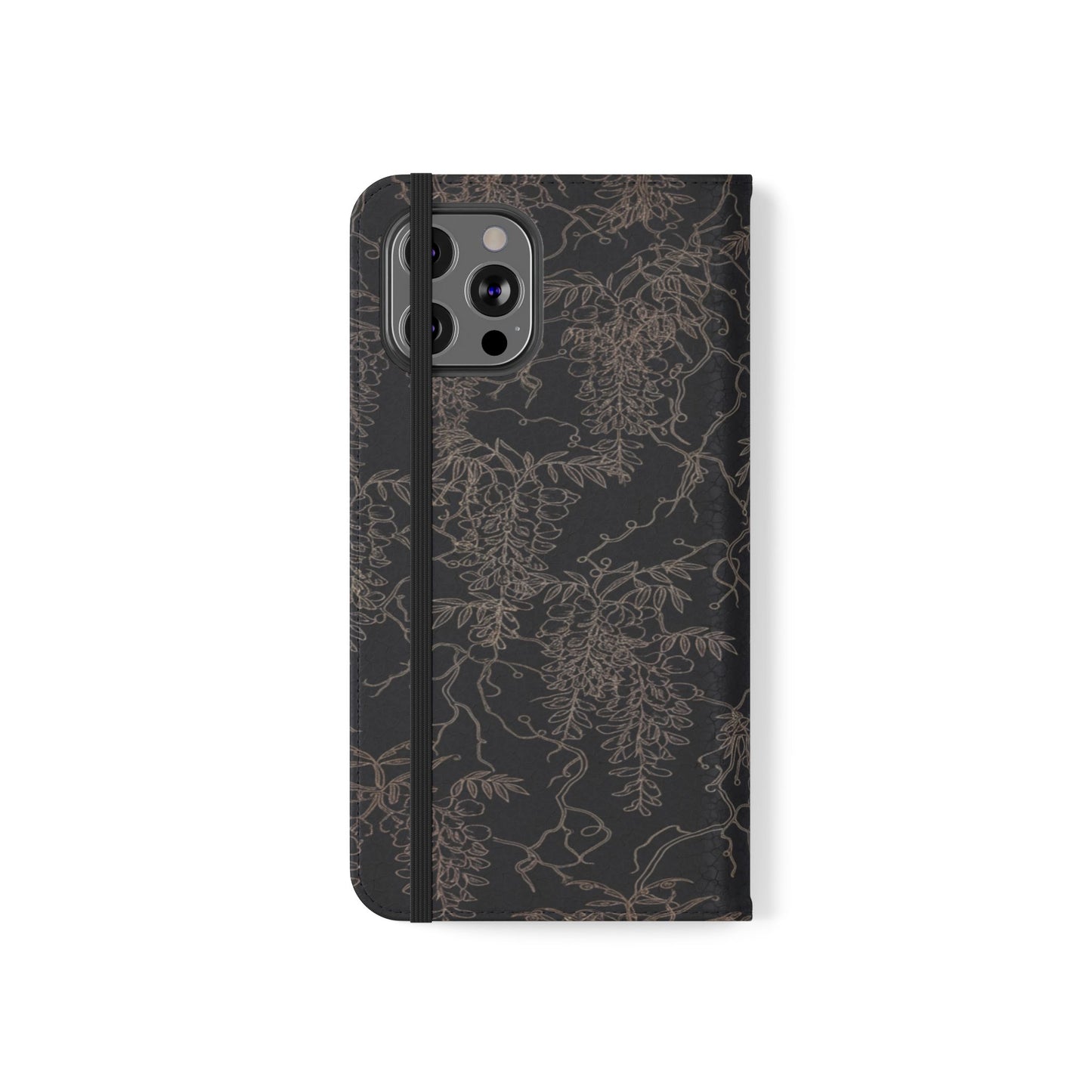 Botanical Noir Flip Phone Case — Dark Floral Wallet Cover with Card Slots