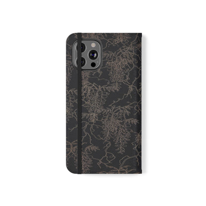 Botanical Noir Flip Phone Case — Dark Floral Wallet Cover with Card Slots