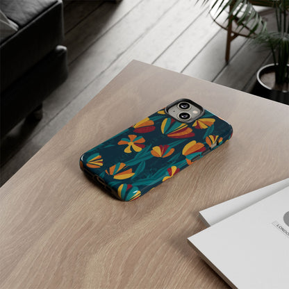 Floral Retro Teal Tough Phone Case — Vibrant Orange & Mustard Blooms