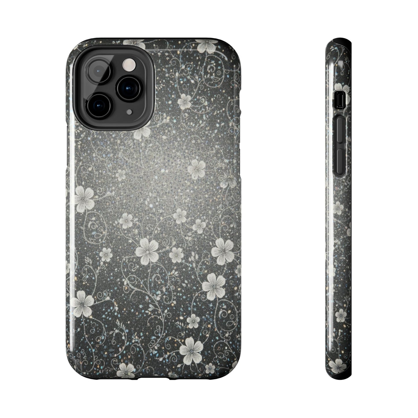 Floral Sparkle Tough Phone Case — Black & Silver Vintage Blossom