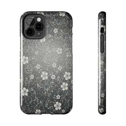 Floral Sparkle Tough Phone Case — Black & Silver Vintage Blossom