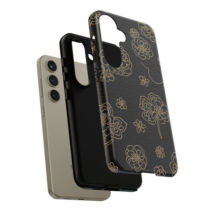 Floral Leather-Texture Tough Case – Black Gold Outline Phone Cover