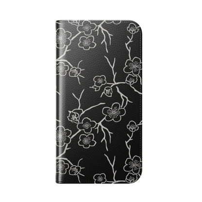 Black Cherry Blossom Flip Phone Case – Floral Wallet Flip Case with Card Slots