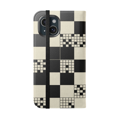 Checkerboard Flip Phone Case – Retro Black & Cream Geometric Wallet Case