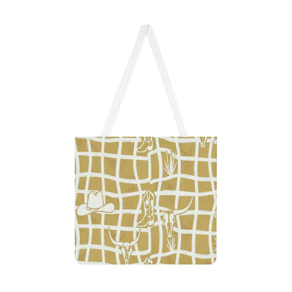 Cowboy Western Pattern Shoulder Tote Bag — Beige Ranch Grid Design