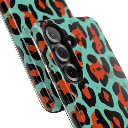Leopard Print Tough Phone Case — Teal & Rust Protective iPhone Cover