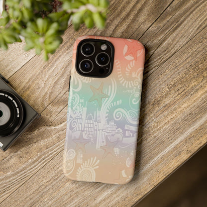 Tough Cases: Pastel Beach Pattern Phone Case — Starfish & Coastal Cityscape Protective Cover