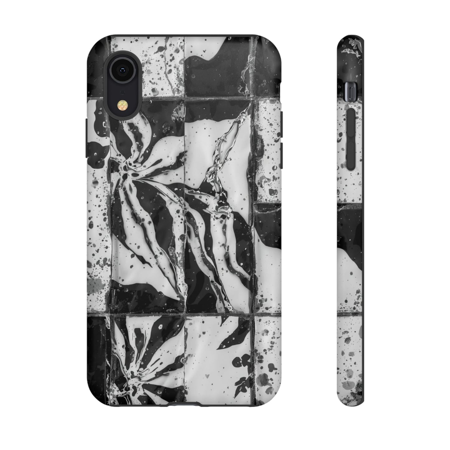 Monochrome Tile Floral Tough Phone Case