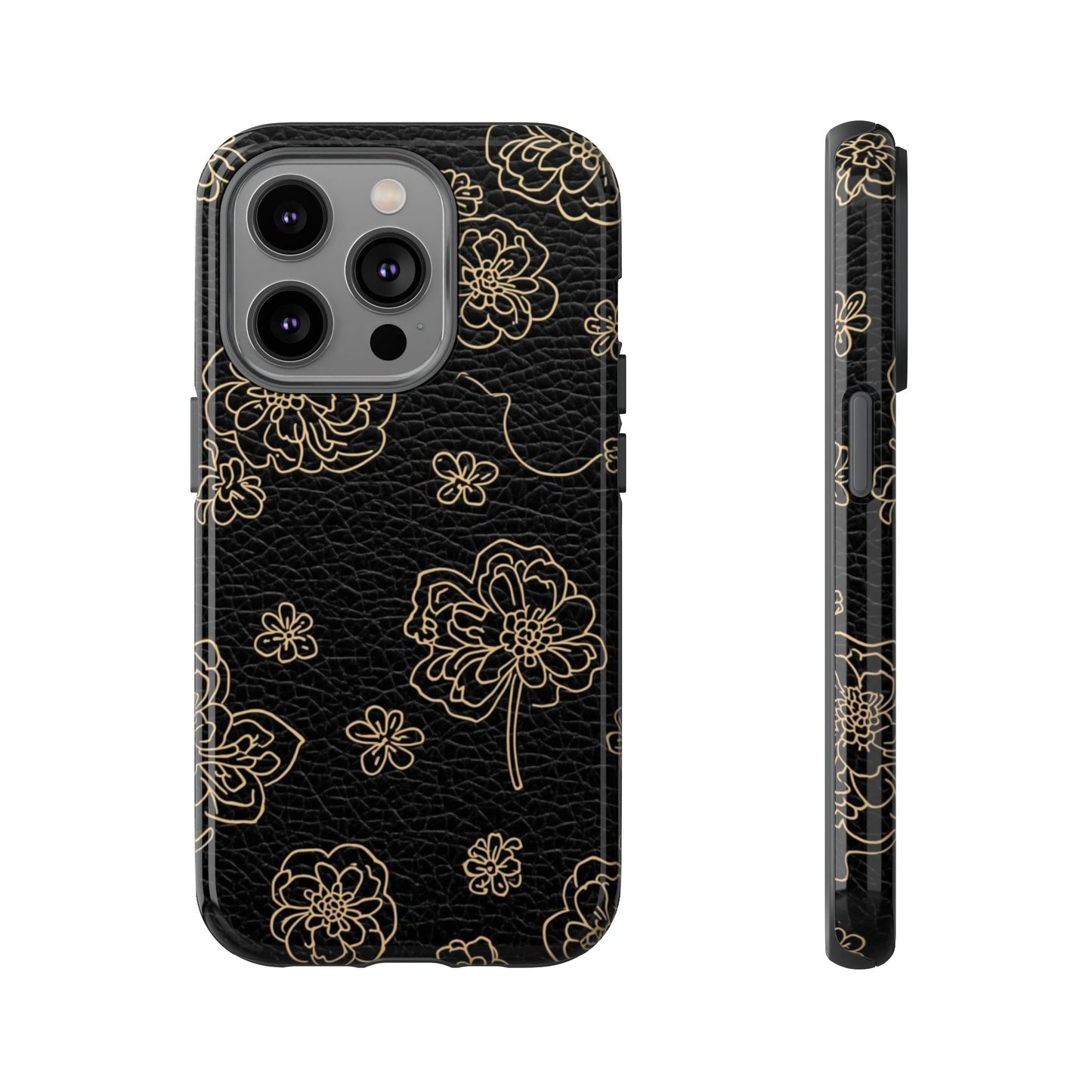 Floral Leather-Texture Tough Case – Black Gold Outline Phone Cover