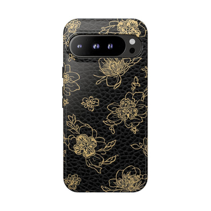 Floral Leather Phone Case — Gold Outline Flowers on Black Tough Case