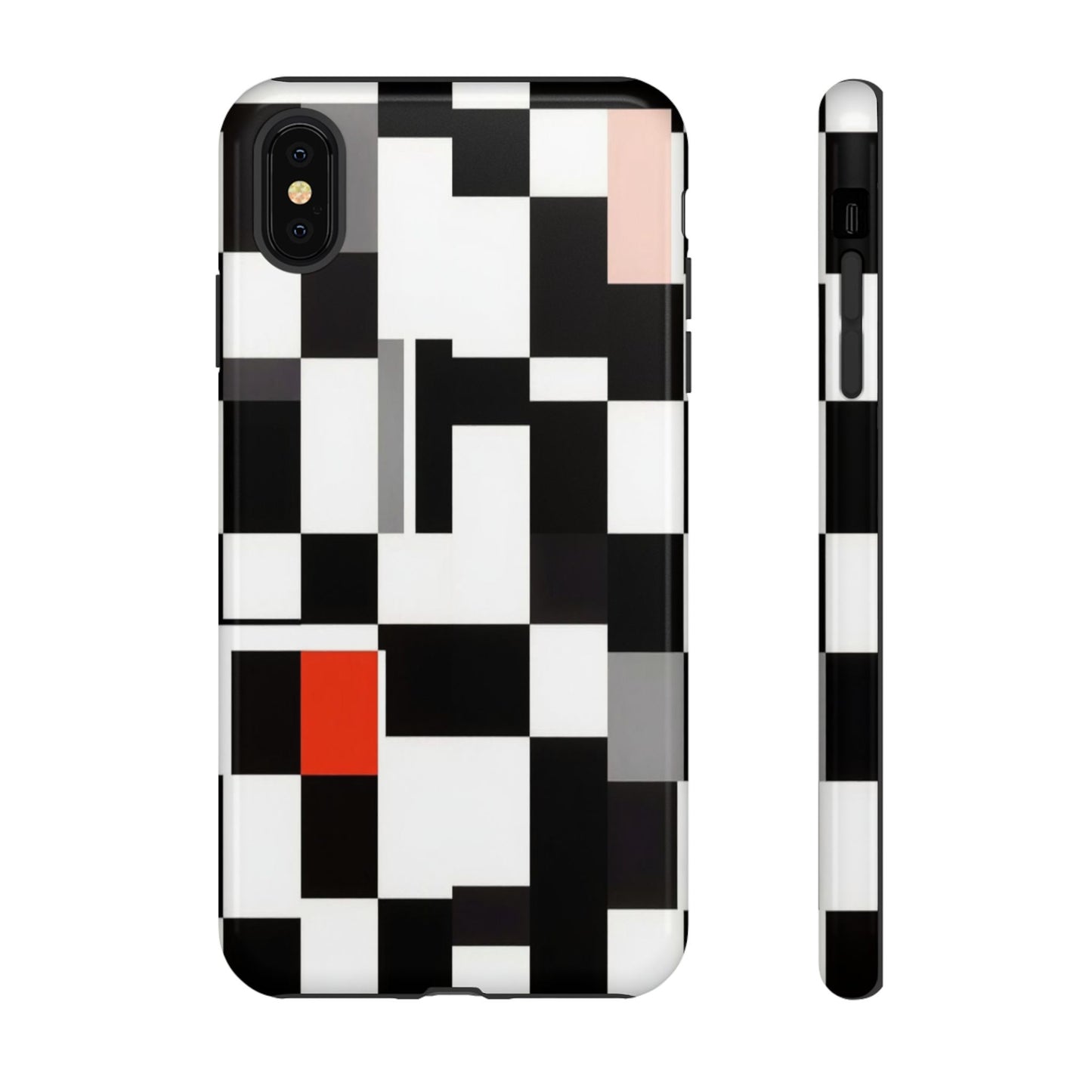 Abstract Geometric Phone Case – Black & White Checker Grid with Red Accent