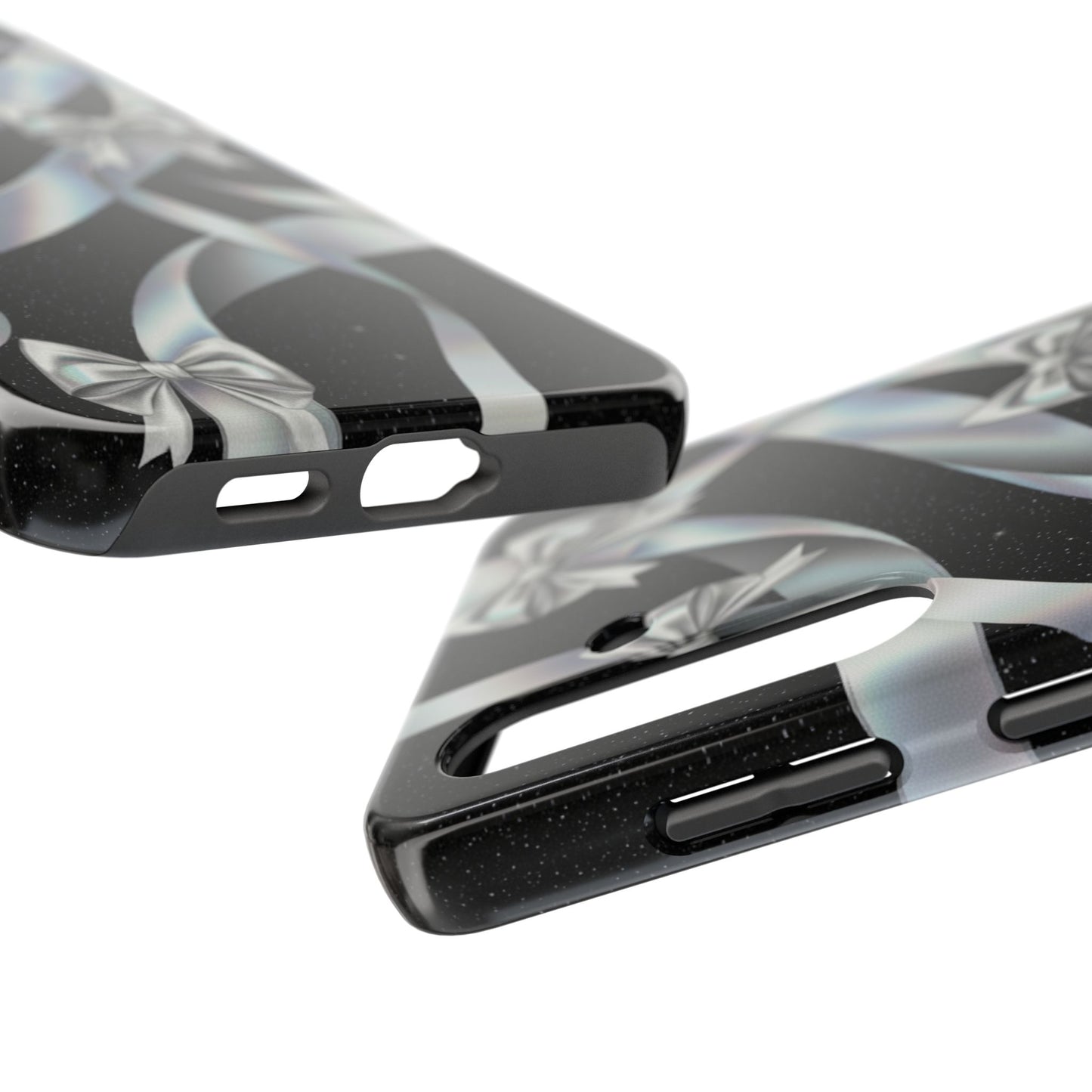 Silver Ribbon Bow Tough Phone Case — Glitter Black Protective Phone Case