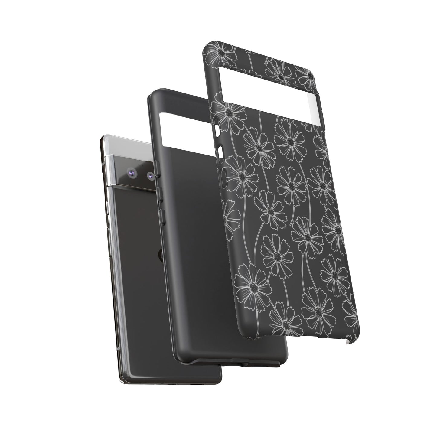 Floral Doodle Tough Phone Case — Black & Gray Daisy Pattern