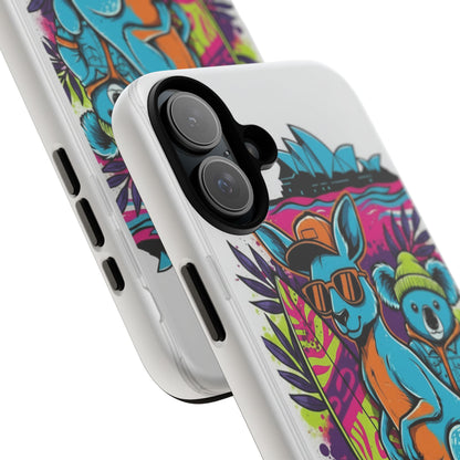 Kangaroo & Koala Surf Phone Case — Retro Neon Beach Art Tough Case