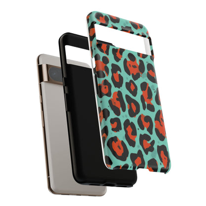 Leopard Print Tough Phone Case — Teal & Rust Protective iPhone Cover