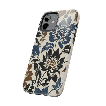 Floral Vintage Tough Phone Case — Blue & Brown Botanical Protection