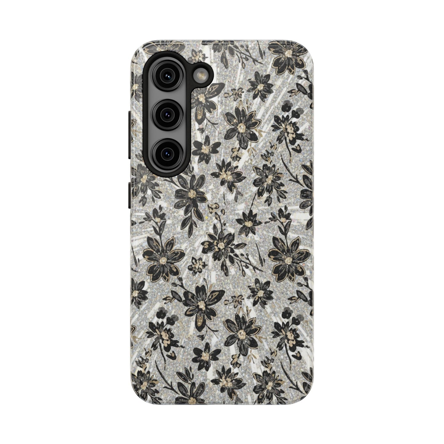 Floral Vintage Tough Phone Case — Black & Gray Rustic Flower Protective Case