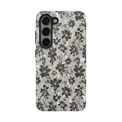 Floral Vintage Tough Phone Case — Black & Gray Rustic Flower Protective Case