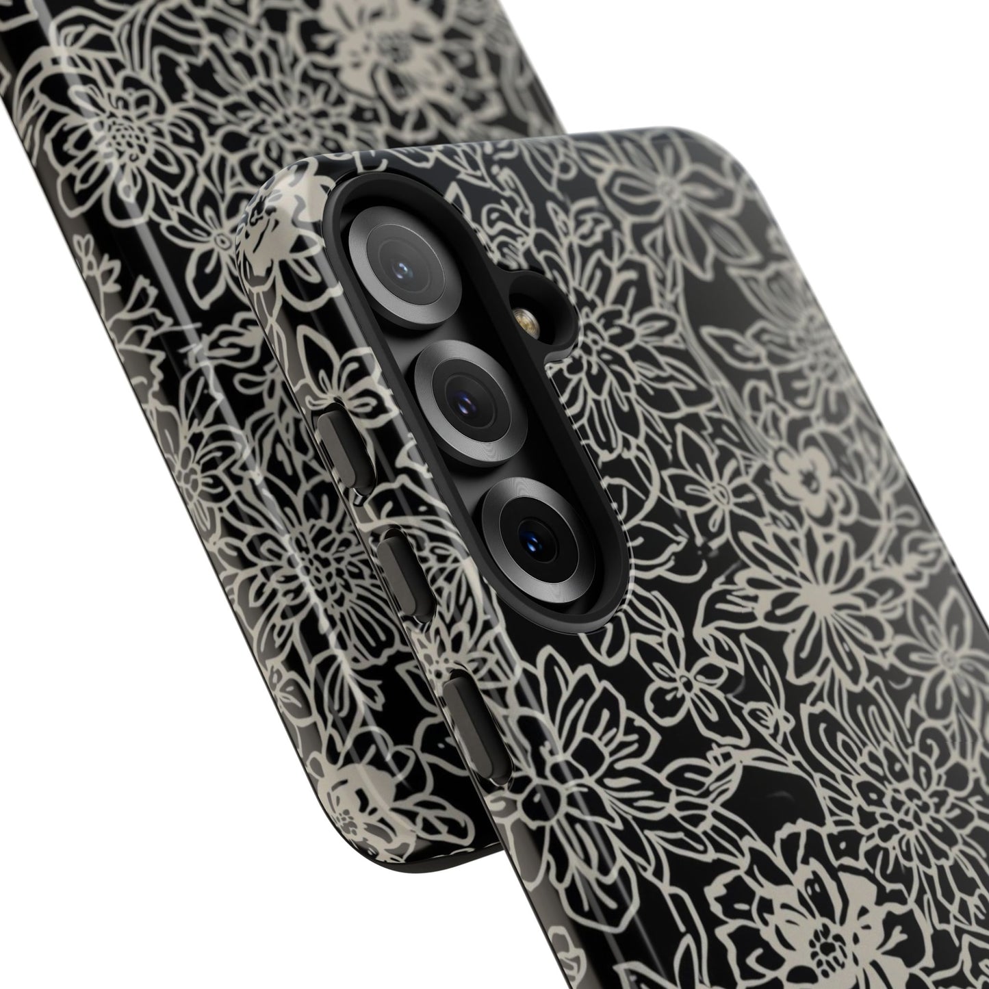 Floral Doodle Tough Phone Case — Black & White Sketch Flower Protective Cover