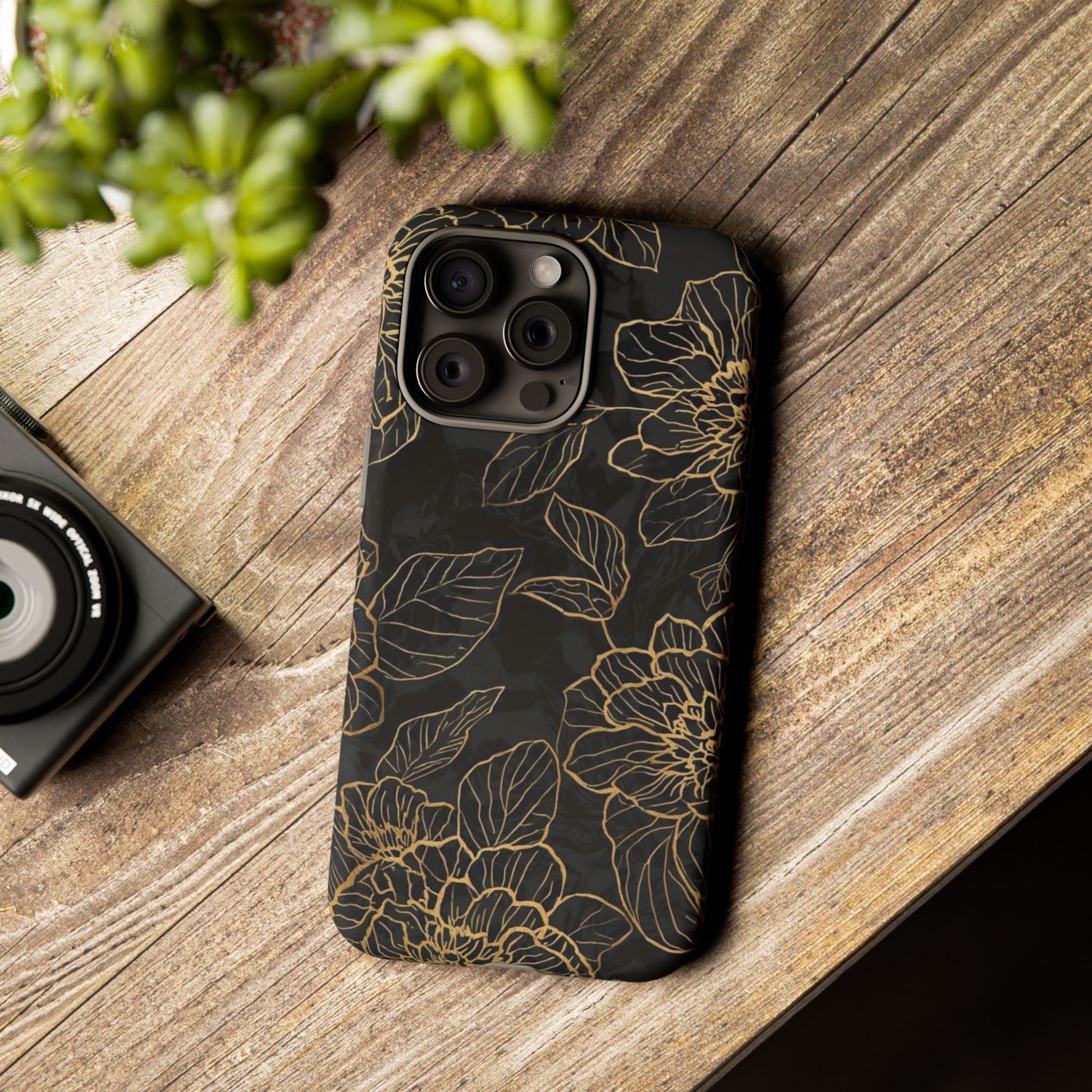 Floral Gold Outline Tough Phone Case – Black Botanical Protective Cover