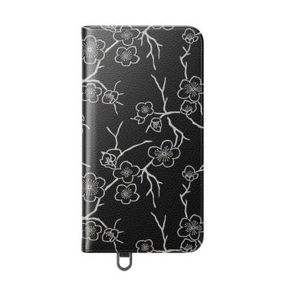 Black Cherry Blossom Flip Phone Case – Floral Wallet Flip Case with Card Slots