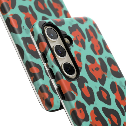 Leopard Print Tough Phone Case — Teal & Rust Protective iPhone Cover