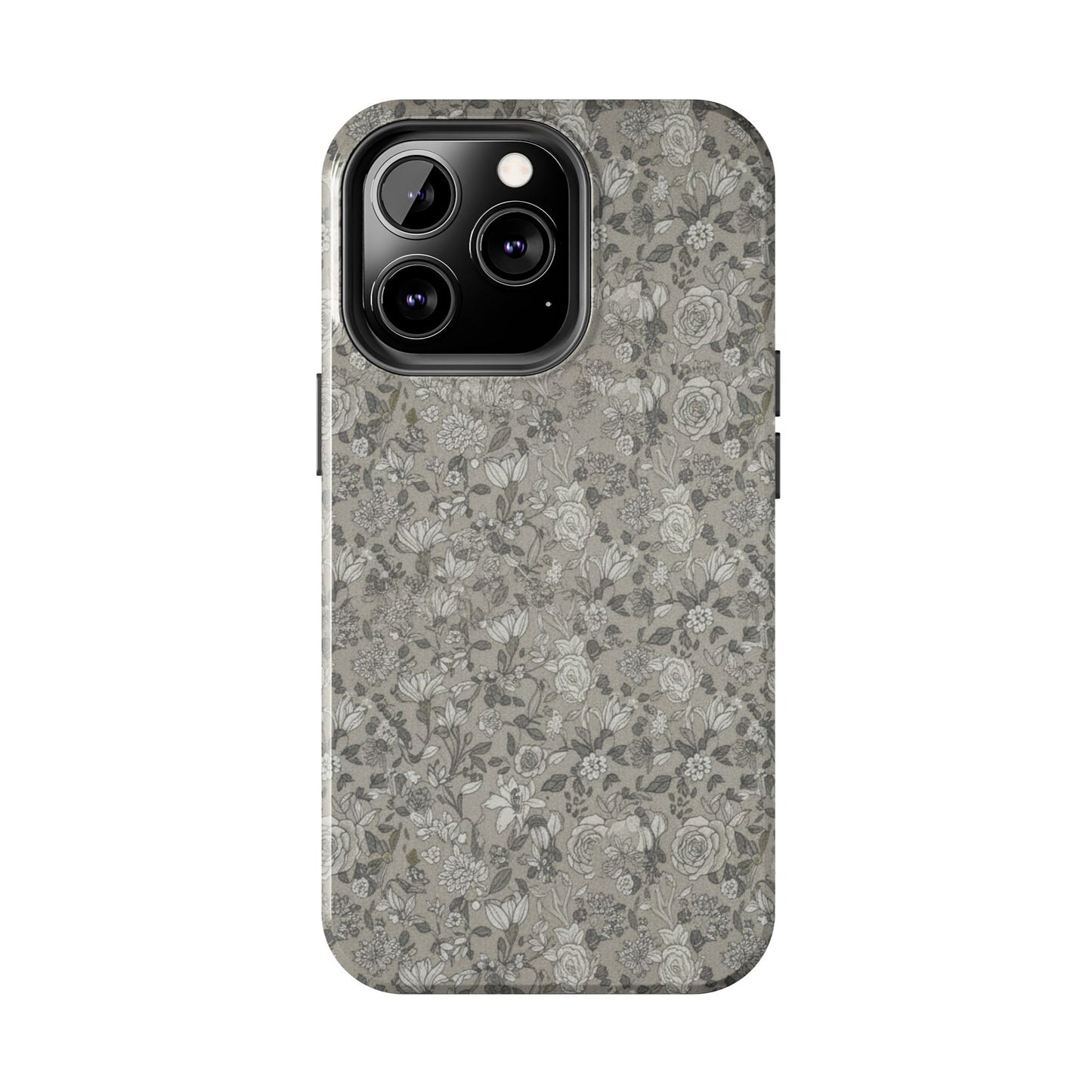 Gray Floral Tough Phone Case — Durable Protective Phone Cover with Vintage Botanical Pattern