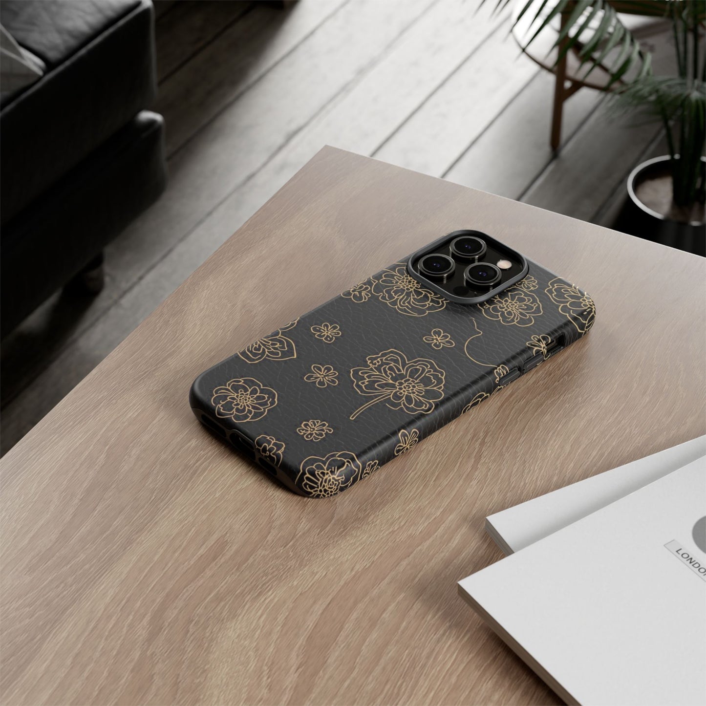 Floral Leather-Texture Tough Case – Black Gold Outline Phone Cover
