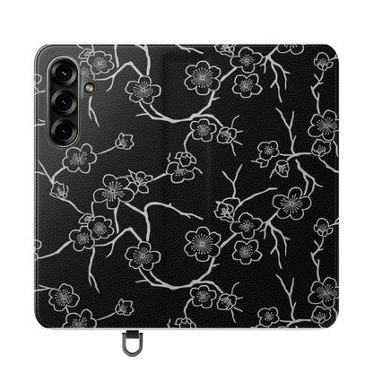 Black Cherry Blossom Flip Phone Case – Floral Wallet Flip Case with Card Slots