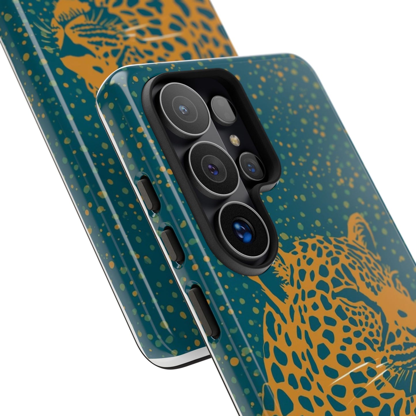 Leopard Spotlight Phone Case — Teal Gold Animal Print Protective Cover