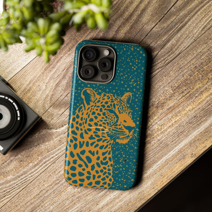 Leopard Spotlight Phone Case — Teal Gold Animal Print Protective Cover