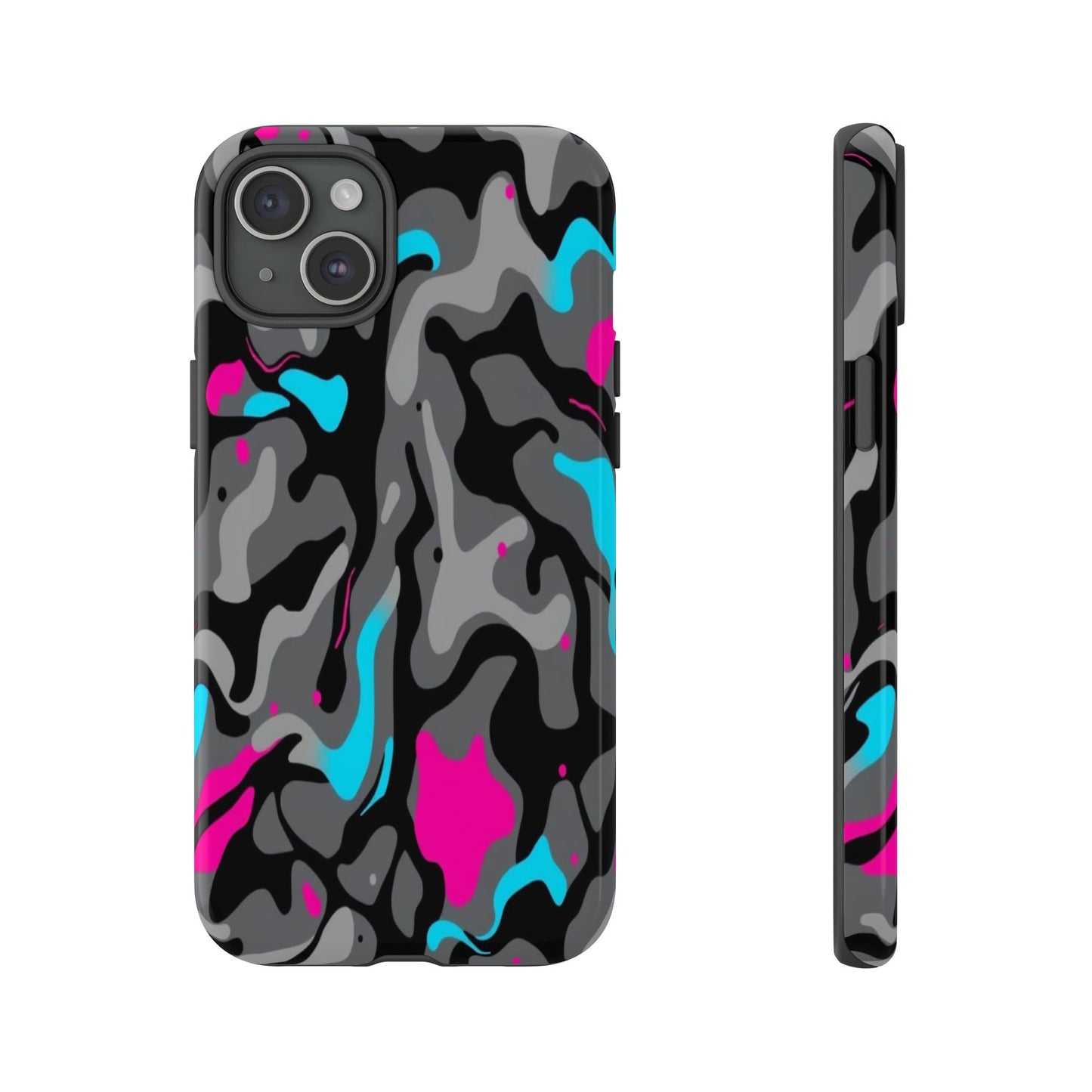 Camouflage Phone Case — Gray Camo with Neon Pink & Cyan Accent Tough Protective Cover