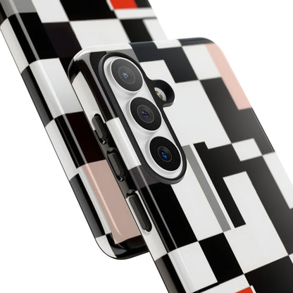 Abstract Geometric Phone Case – Black & White Checker Grid with Red Accent