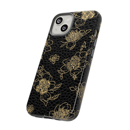 Floral Leather Phone Case — Gold Outline Flowers on Black Tough Case