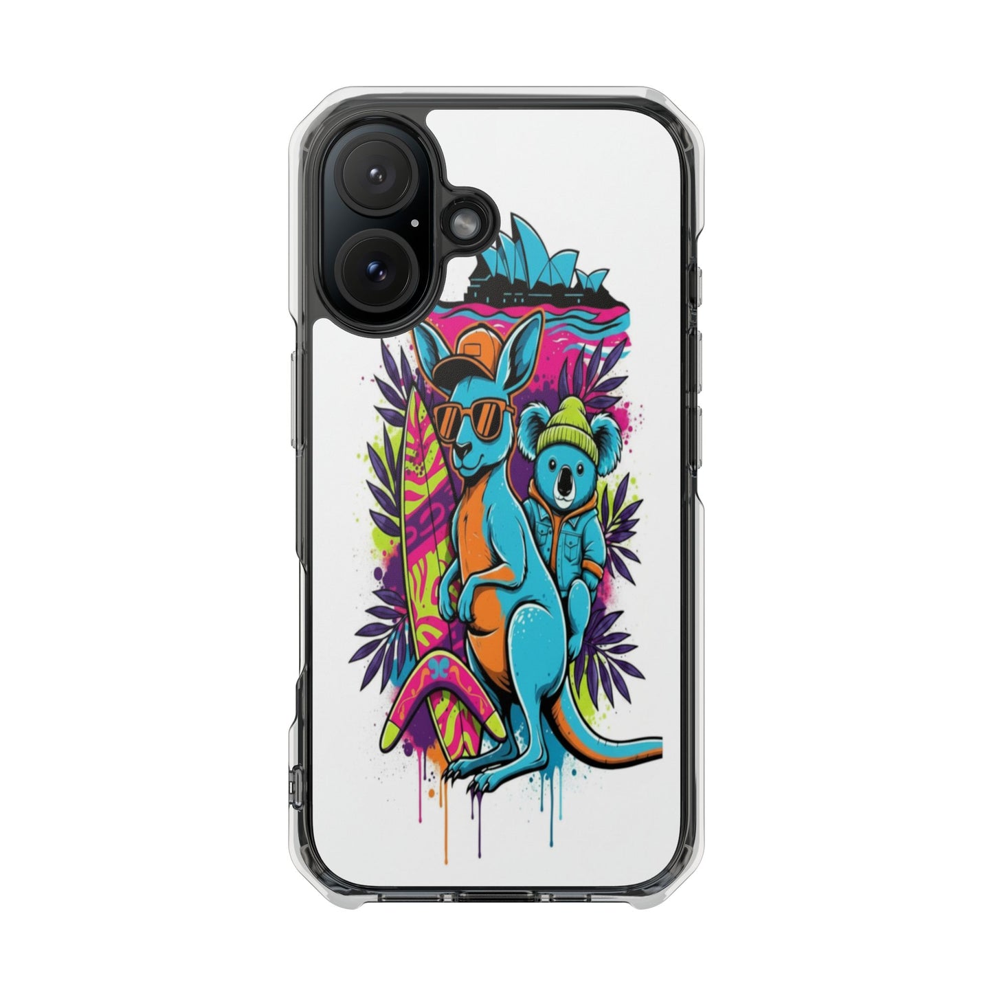 Clear Magnetic Phone Case — Colorful Surfing Kangaroo & Koala Art