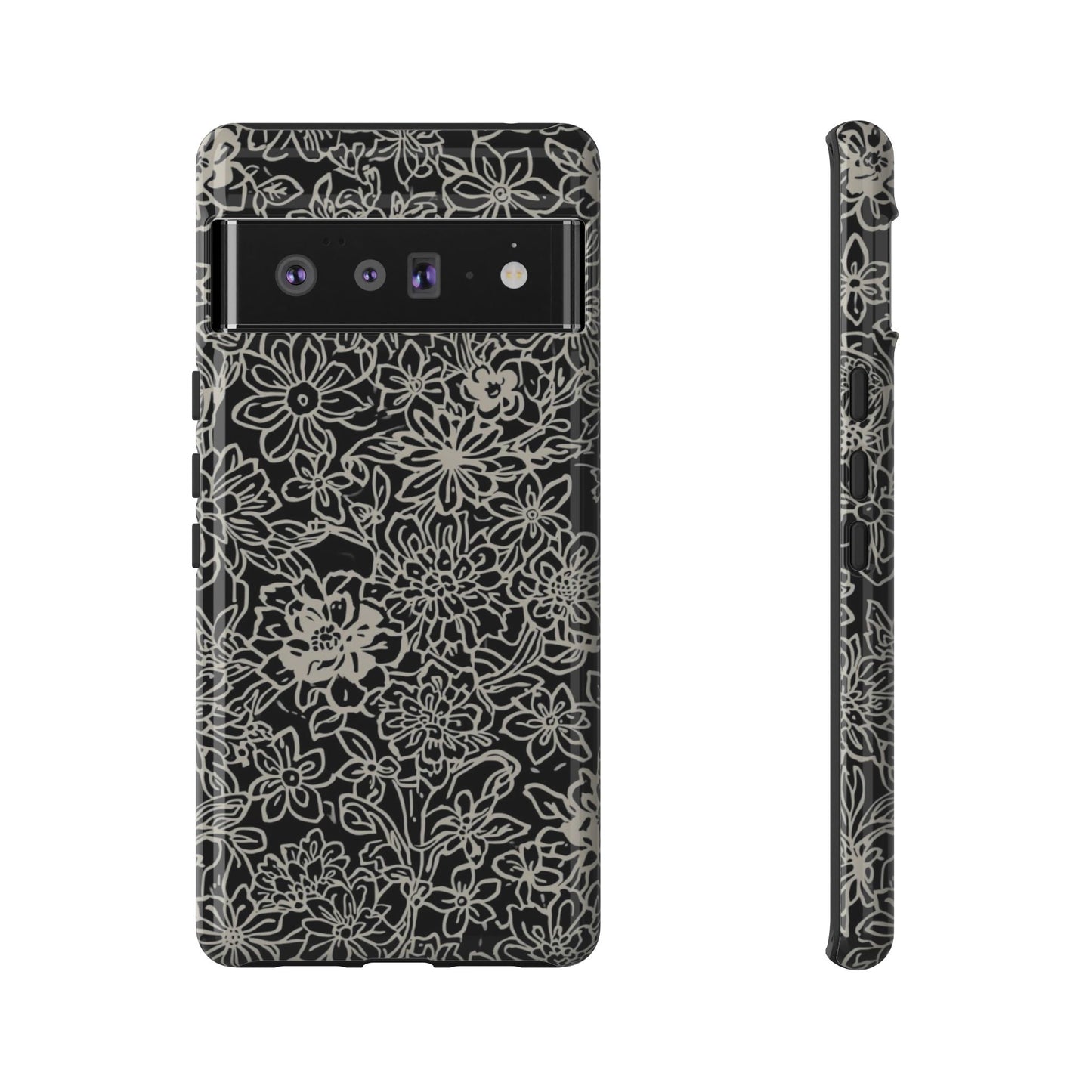 Floral Doodle Tough Phone Case — Black & White Sketch Flower Protective Cover