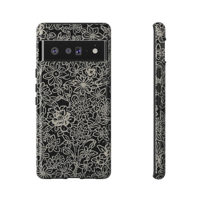Floral Doodle Tough Phone Case — Black & White Sketch Flower Protective Cover