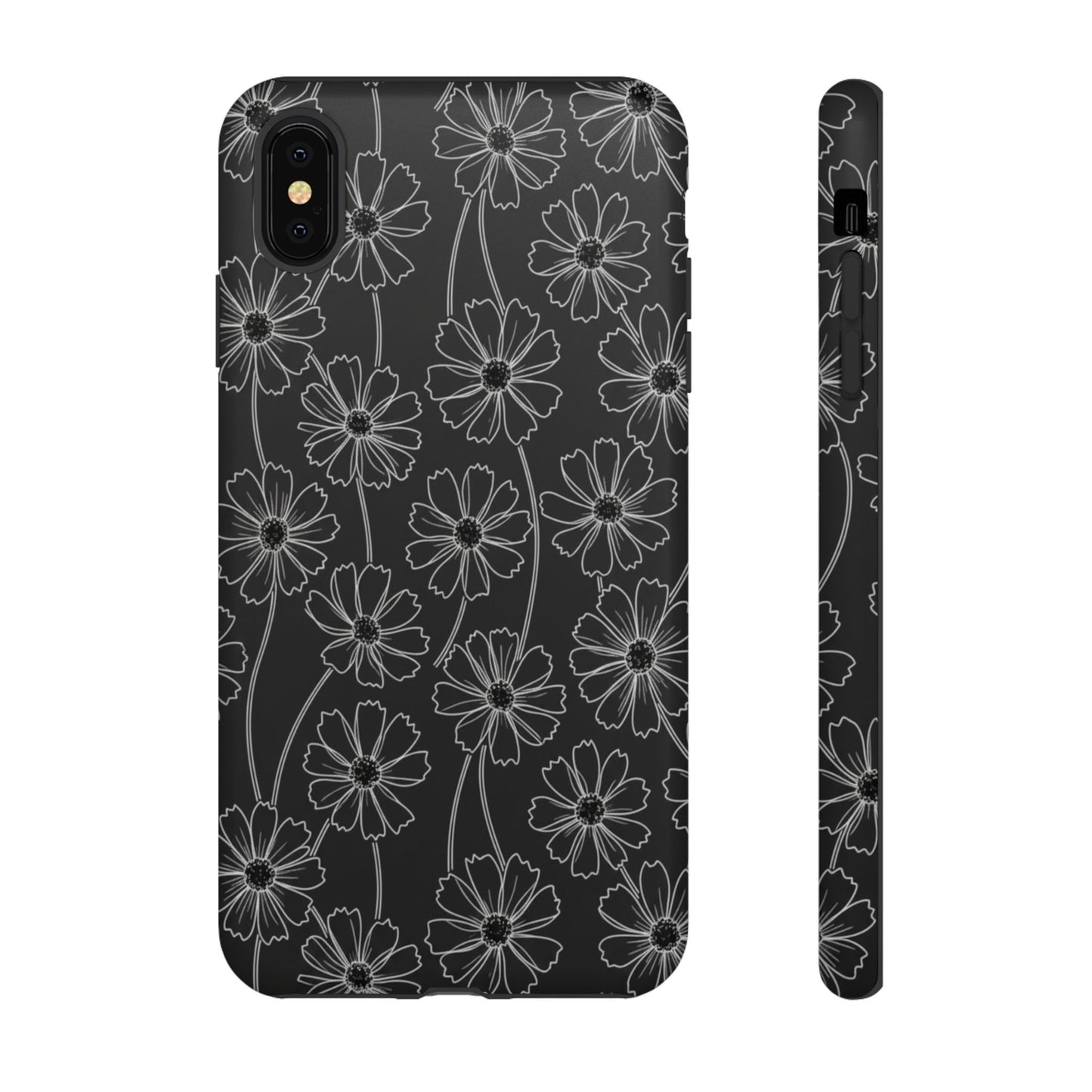 Floral Doodle Tough Phone Case — Black & Gray Daisy Pattern