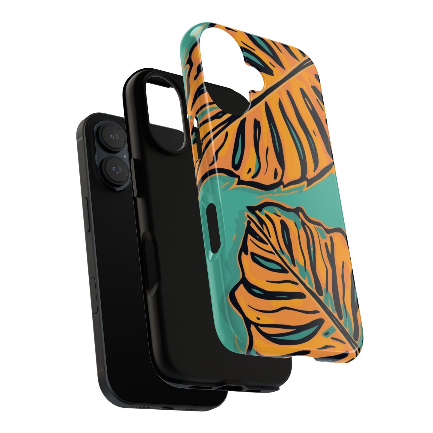 Tropical Leaf Tough Phone Case — Orange Monstera Design on Teal